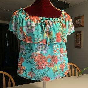 Decree Turquoise Floral Ruffle Blouse NWOT